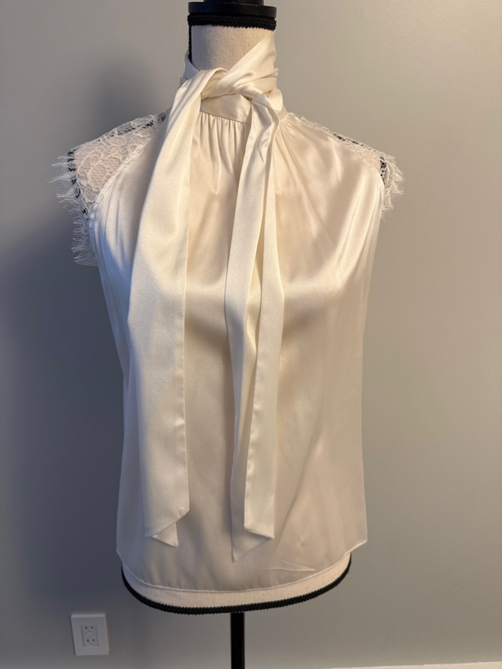 Generation Love Ivory Satin Tie-Neck Camisole with Lace Shoulders